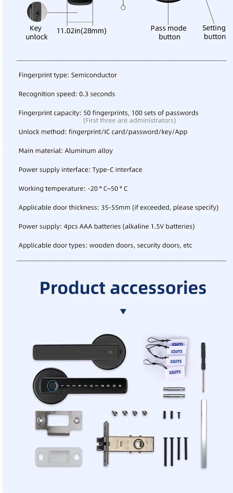 XSDTS Smart Door Lock F2 – Fingerprint, Keypad & Bluetooth Entry